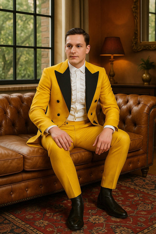 Yellow tailcoat tuxedo with black lapel & brocade. Fitted silhouette, yellow finish. Includes white ruffled shirt & matching trousers. Elegant and stylish.