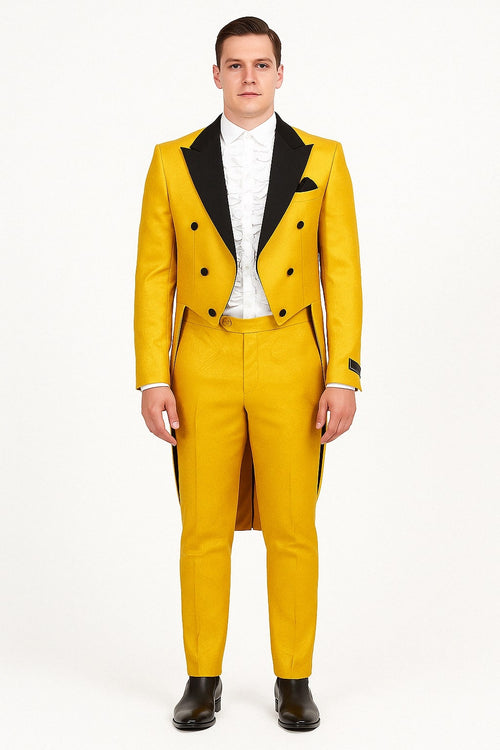 Men's yellow tailcoat tuxedo with black lapel and brocade. Fitted, double-breasted jacket, paired with matching trousers. Smooth, structured fabric. Vintage formal style.