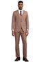 Rust-colored Stacy Adams men's suit with sharkskin weave. Three-piece: single-breasted jacket (notched lapel, pockets), vest (buttons), and straight-leg trousers. Tailored for a fitted look.
