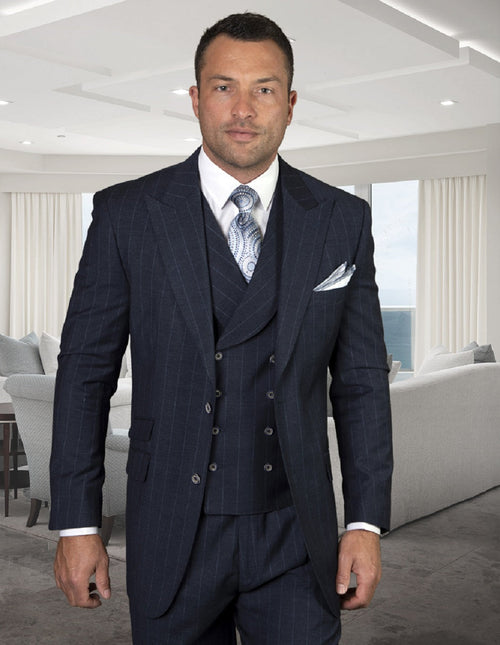 Navy pinstripe wool suit for men, classic fit with pleated pants and a double-breasted vest. Features a tailored jacket and pants with vertical stripes and wide peak lapels.