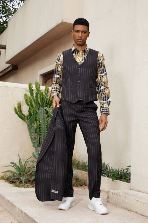 "Mens Stacy Adams Suit -Stacy Adams Suit Men's Modern Black Pinstripe Vested Suit - One Button"