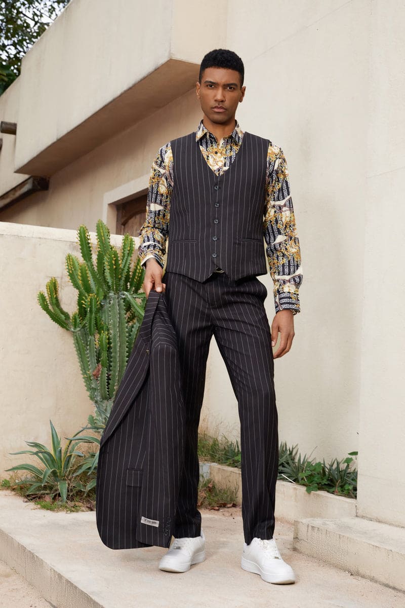 "Mens Stacy Adams Suit -Stacy Adams Suit Men's Modern Black Pinstripe Vested Suit - One Button"