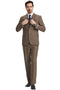 Men's light brown Stacy Adams vintage tweed suit. Herringbone pattern, structured blazer with notch lapels, single-button closure, and vested interior. Straight-cut trousers. Textured fabric for vintage look.