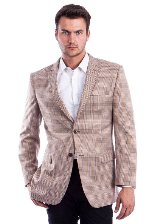 "Men's Regular Fit Sport Coat - Two Button, Tan & Blue Windowpane Plaid"