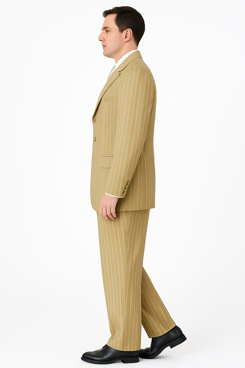 Beige pinstripe 3-piece suit: tailored blazer (single-breasted, notched lapel), matching straight-leg trousers. Smooth fabric, lighter pinstripes. White shirt, black shoes complete the look.