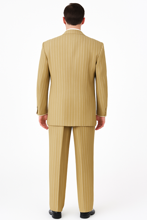 Beige pinstripe 3-piece suit: tailored jacket, trousers, and waistcoat. Features vertical white pinstripes on smooth fabric. Jacket: structured with broad lapel. Trousers: straight fit. Muted beige color.