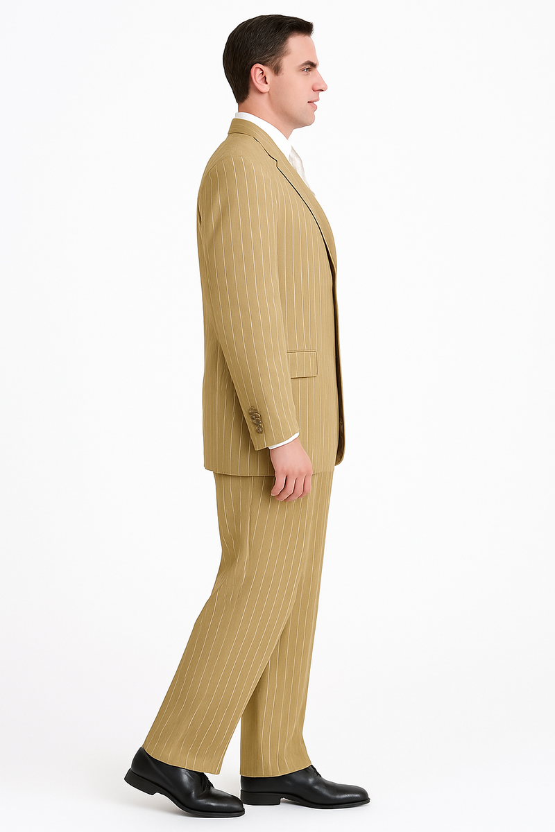 Beige pinstripe 3-piece suit. Structured jacket with narrow lapels, button closure. Straight-leg trousers. Smooth, lightweight fabric. Subtle pinstripe pattern.