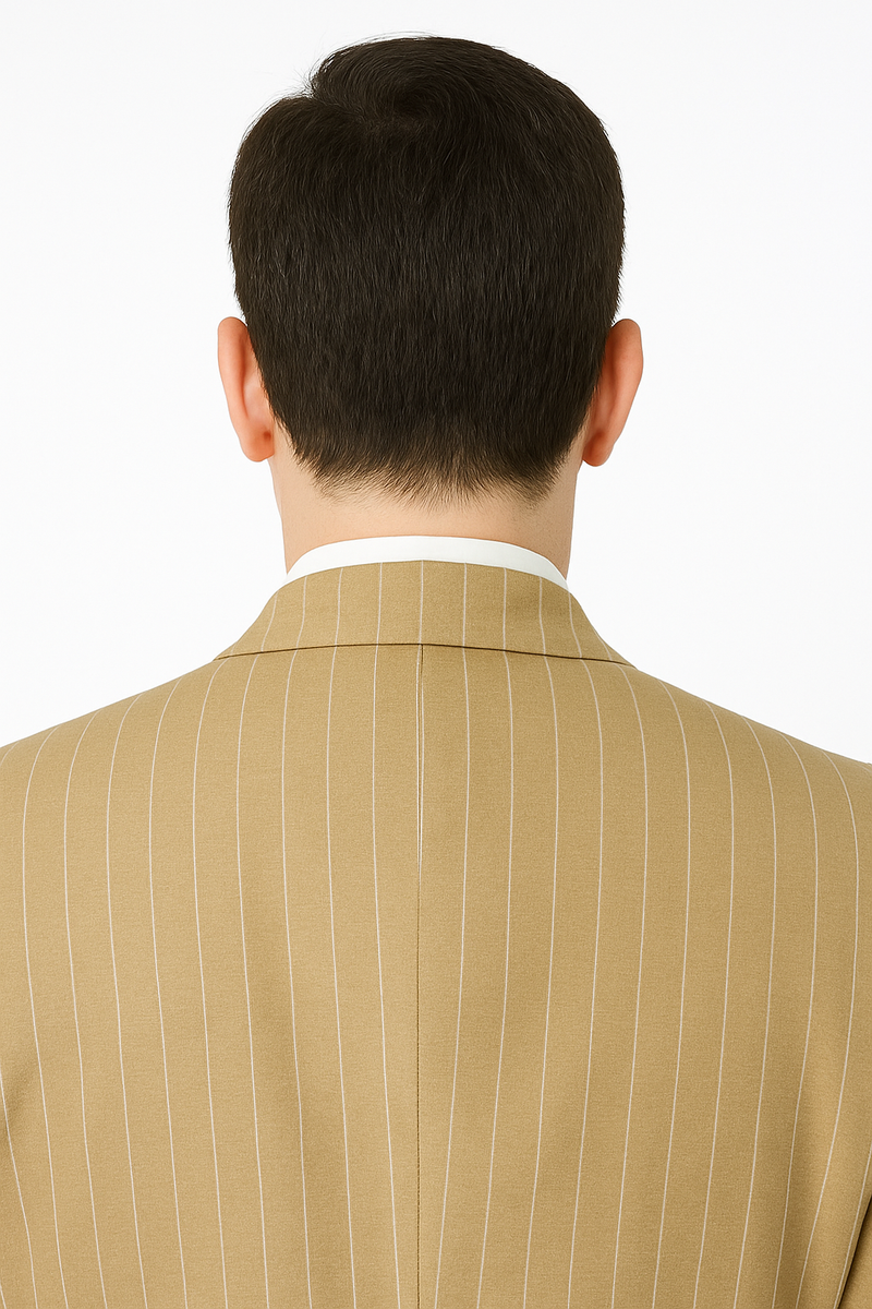 Beige pinstripe three-piece suit. Tailored fit with vertical white pinstripes. Single back vent, rounded lapels. Smooth fabric.