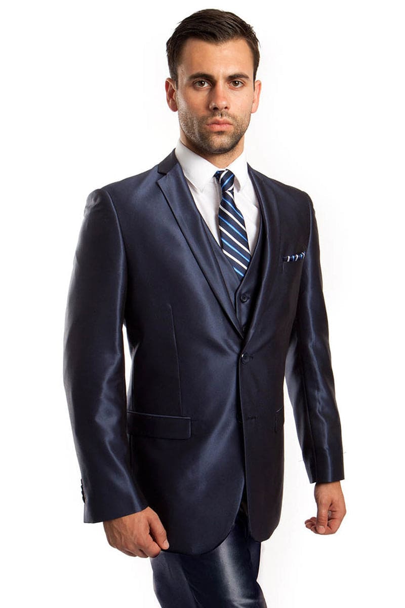 "Sharkskin Navy Blue Men's Wedding & Prom 2026 Suit - Two Button Vested Fashion"