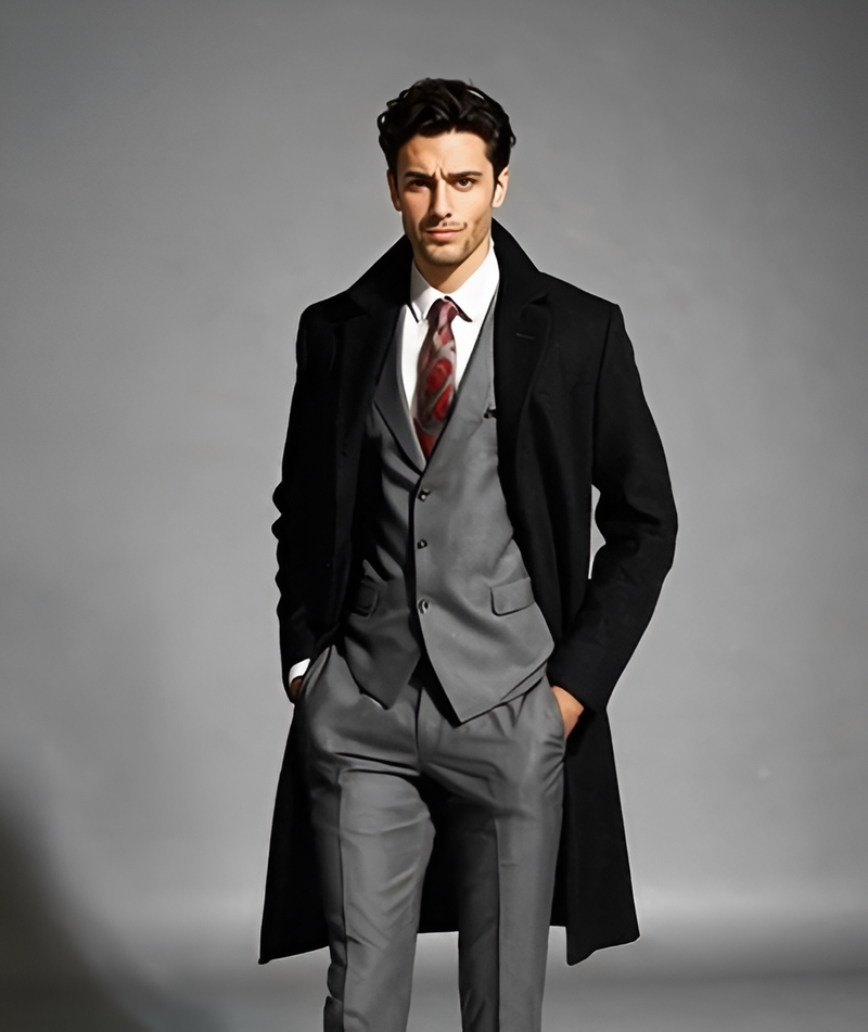 Men's black wool-cashmere overcoat. Long, fitted silhouette with classic collar and open front. Soft, smooth fabric in rich black. Clean, pattern-free design for a streamlined look.