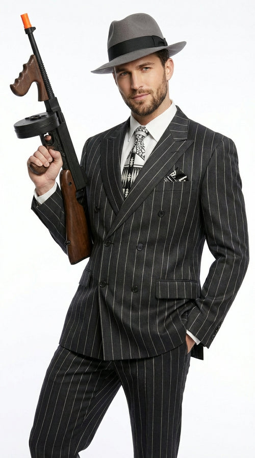 Mens Black Pinstripe AI Capone Suit – Vintage 1920s Gangster Style Three Piece Formal Suit