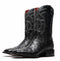 Black ostrich quill cowboy boots by Marco Di Milano. Square toe, raised heel, and white stitching on the shaft with a curved motif. Red fabric lining.