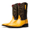 Yellow ostrich quill cowboy boots by Marco Di Milano. Square toe, textured upper with dark brown detailing. Intricate stitching on shaft, red interior lining. Robust heel.