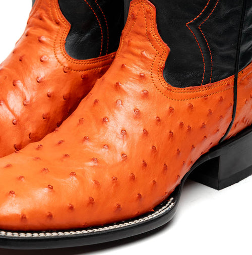 Marco Di Milano Alabama cowboy boots. Vibrant orange ostrich quill leather upper, black leather shaft. Square toe, contrasting orange stitching. Decorative collar/shaft stitching, black outsole.