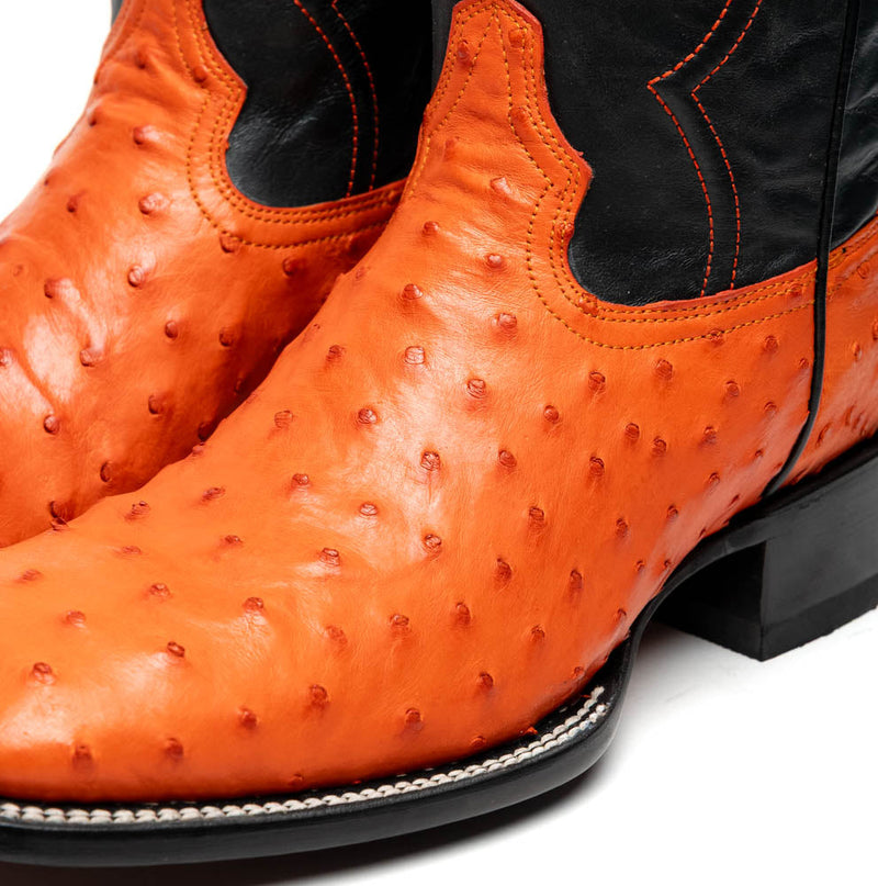 Marco Di Milano Alabama cowboy boots. Vibrant orange ostrich quill leather upper, black leather shaft. Square toe, contrasting orange stitching. Decorative collar/shaft stitching, black outsole.