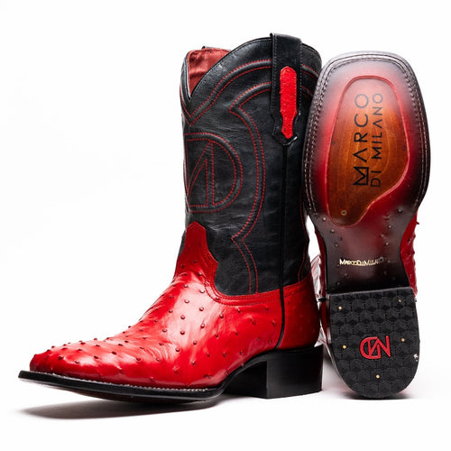 Marco Di Milano Alabama cowboy boots. Bright red ostrich quill upper & black shaft. Square toe, low stacked heel. Decorative stitching. Branded sole with textured grip.
