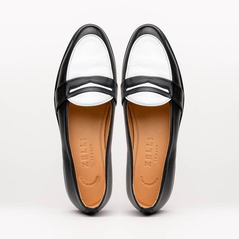 Zelli Alba Calfskin Spectator Penny Loafers in Black and White