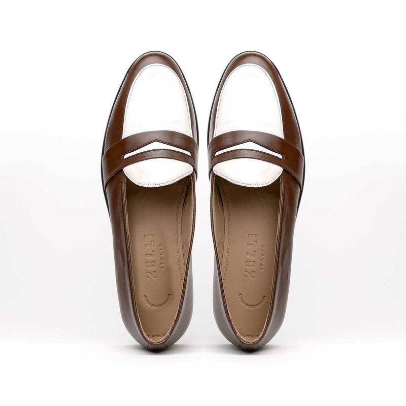 Zelli Alba Italian Calfskin Penny Loafers in Camel and Cream