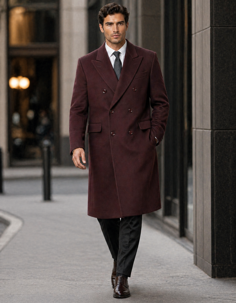 Mens Overcoat -Mens Long Wool Topcoats- Topcoat For Men-Mens Double breasted Overcoat - "Mehroon" Double breasted Coat