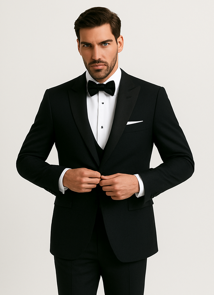 Alberto nardoni Peak lapel super 150s wool tuxedo with double breasted vest flat front pants 1 button style