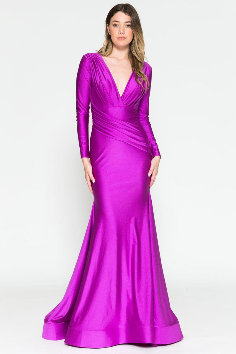 Long Sleeve Stretchy Evening Dress V-Neck Mermaid Simple Evening Prom Gown