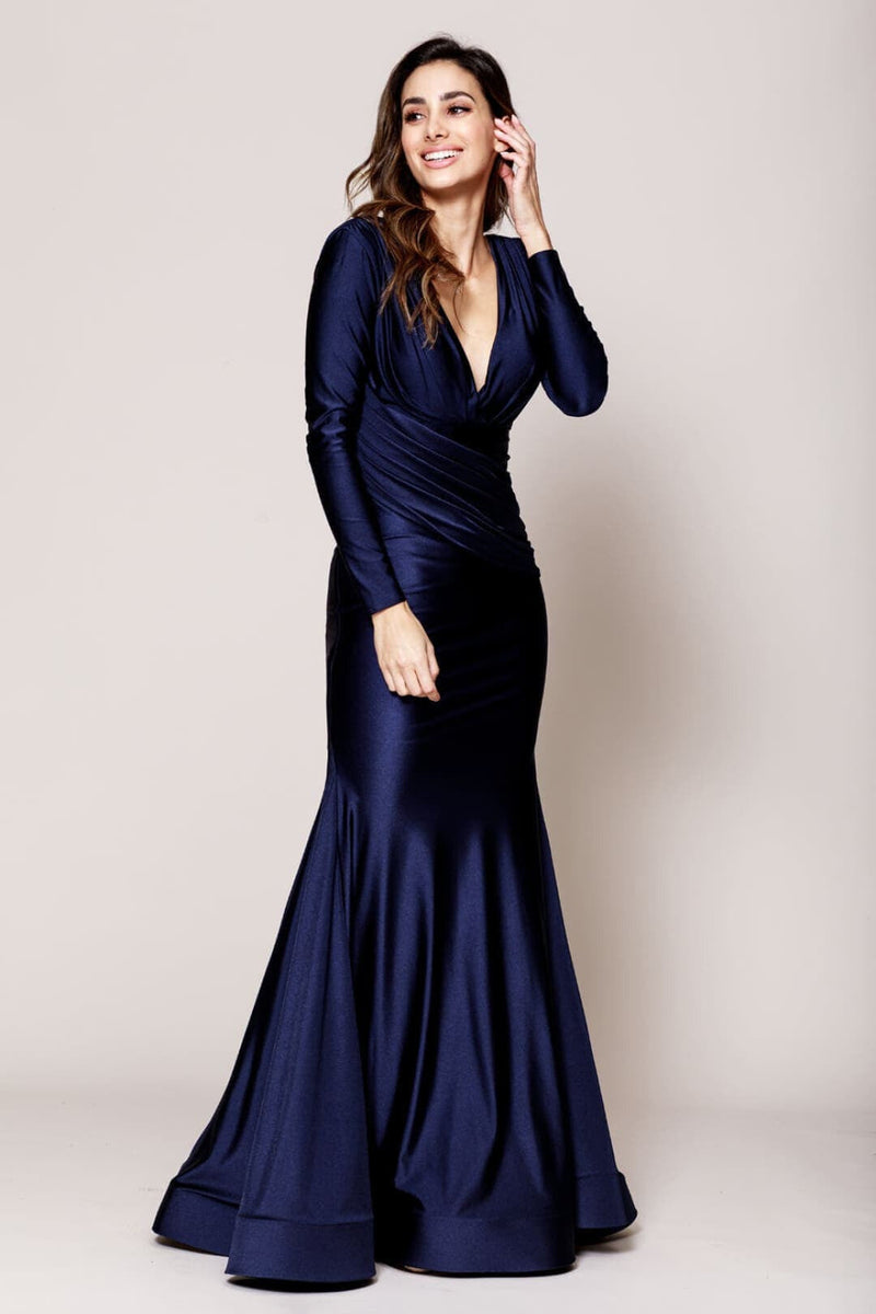 Long Sleeve Stretchy Evening Dress V-Neck Mermaid Simple Evening Prom Gown