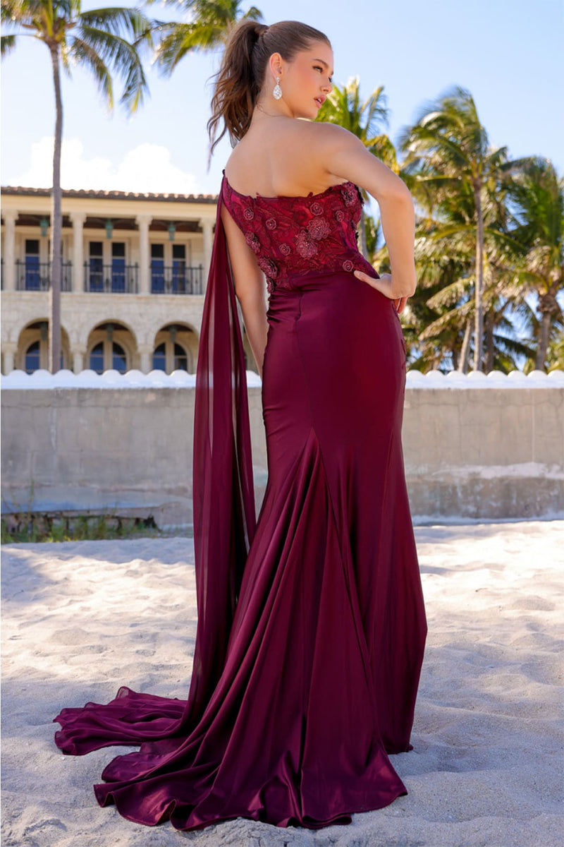 Amelia Couture 388 One Shoulder Cape Long Floral Formal Evening Dress