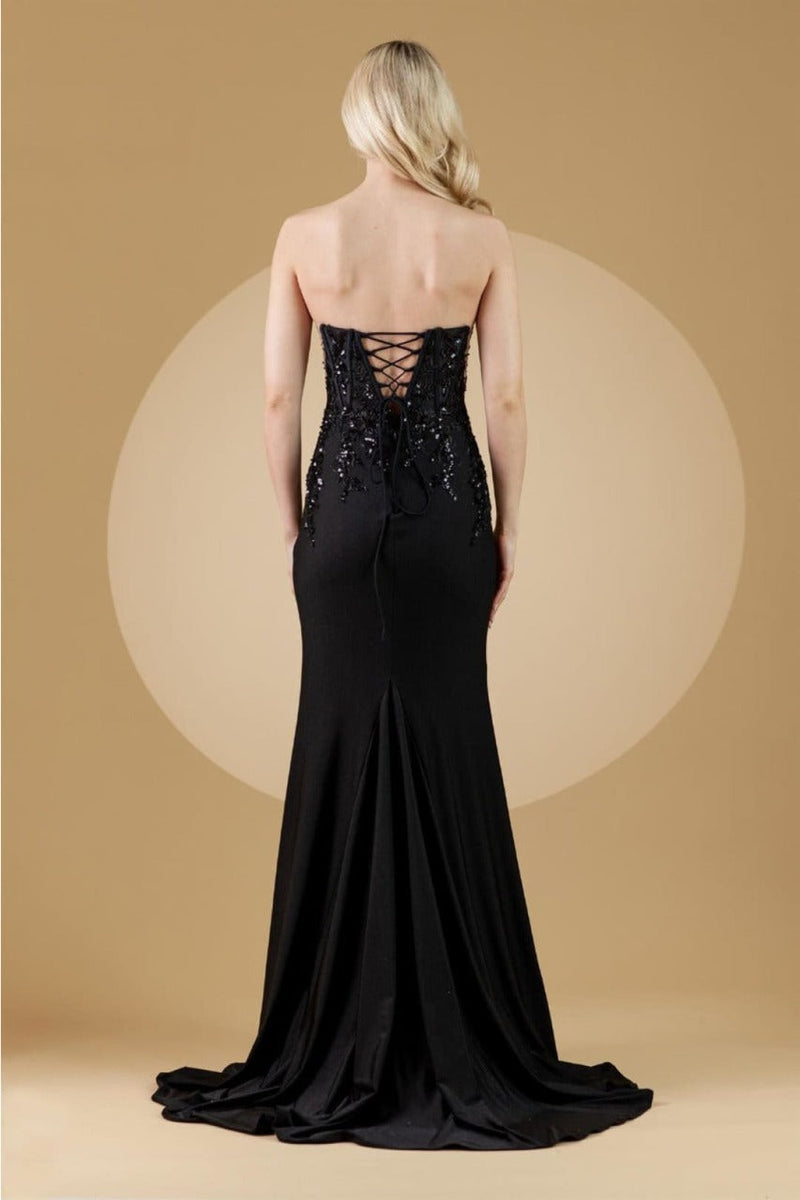 Amelia Couture 7052 Strapless Beaded Embellished Sheer Side Slit Gown