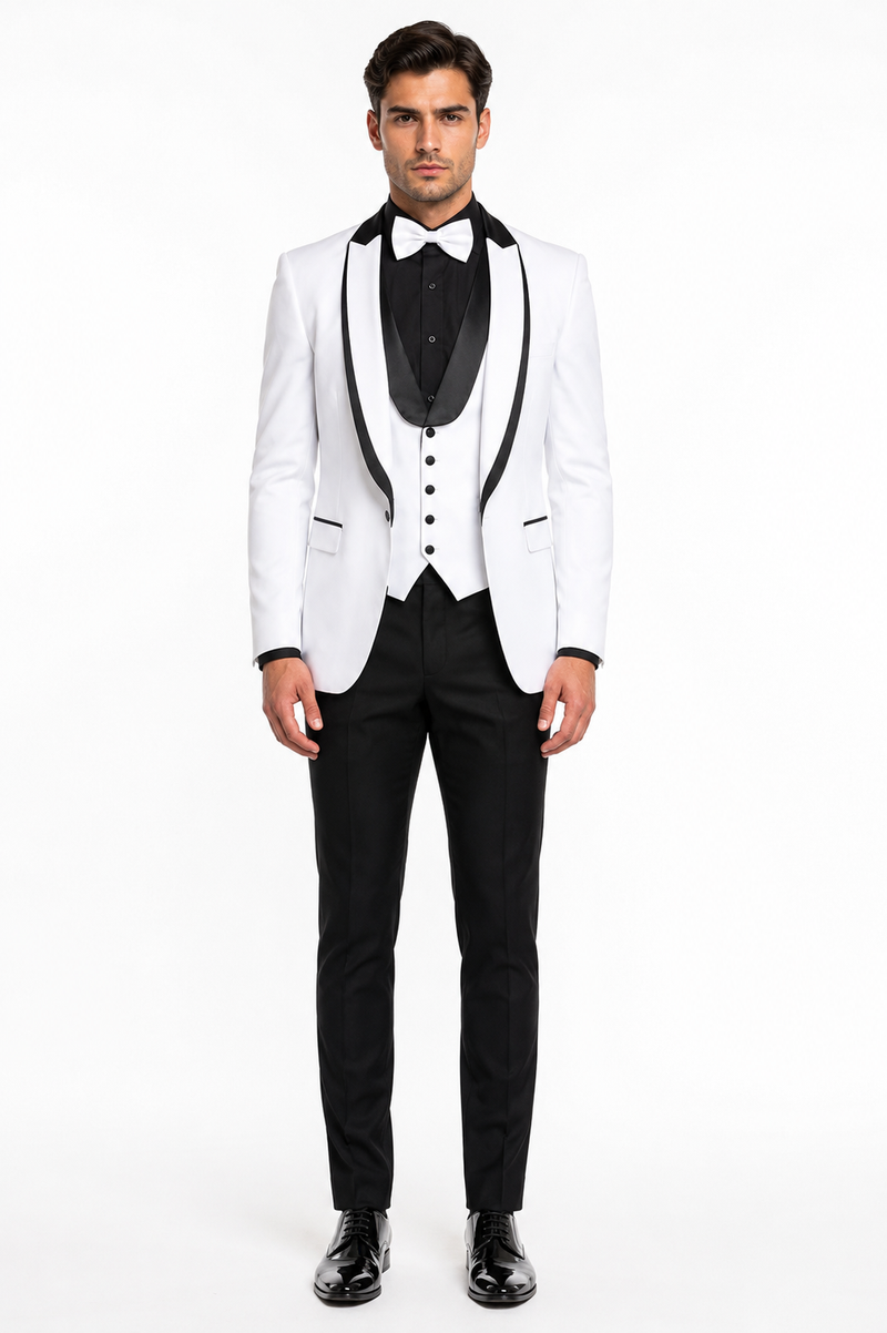 White Slim Fit Tuxedo 3 Piece with Satin Shawl Collar Vest