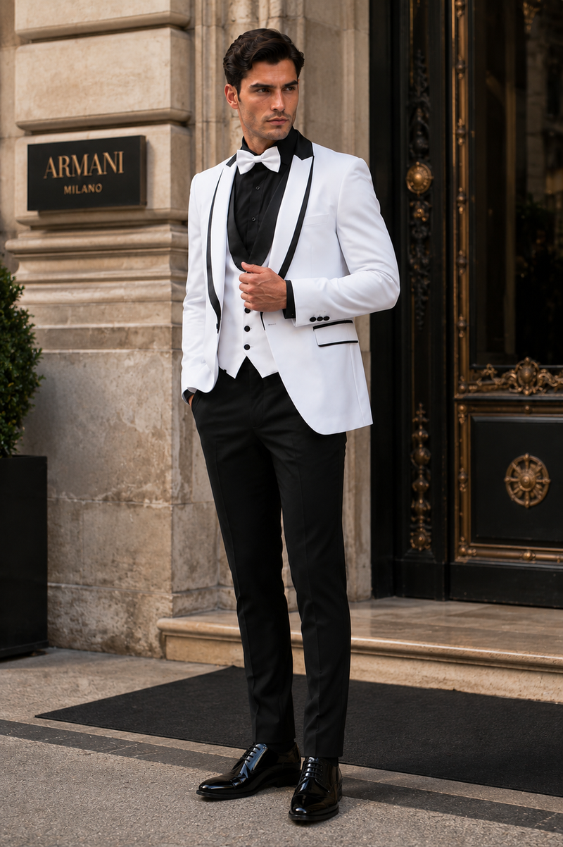 White Slim Fit Tuxedo 3 Piece with Satin Shawl Collar Vest