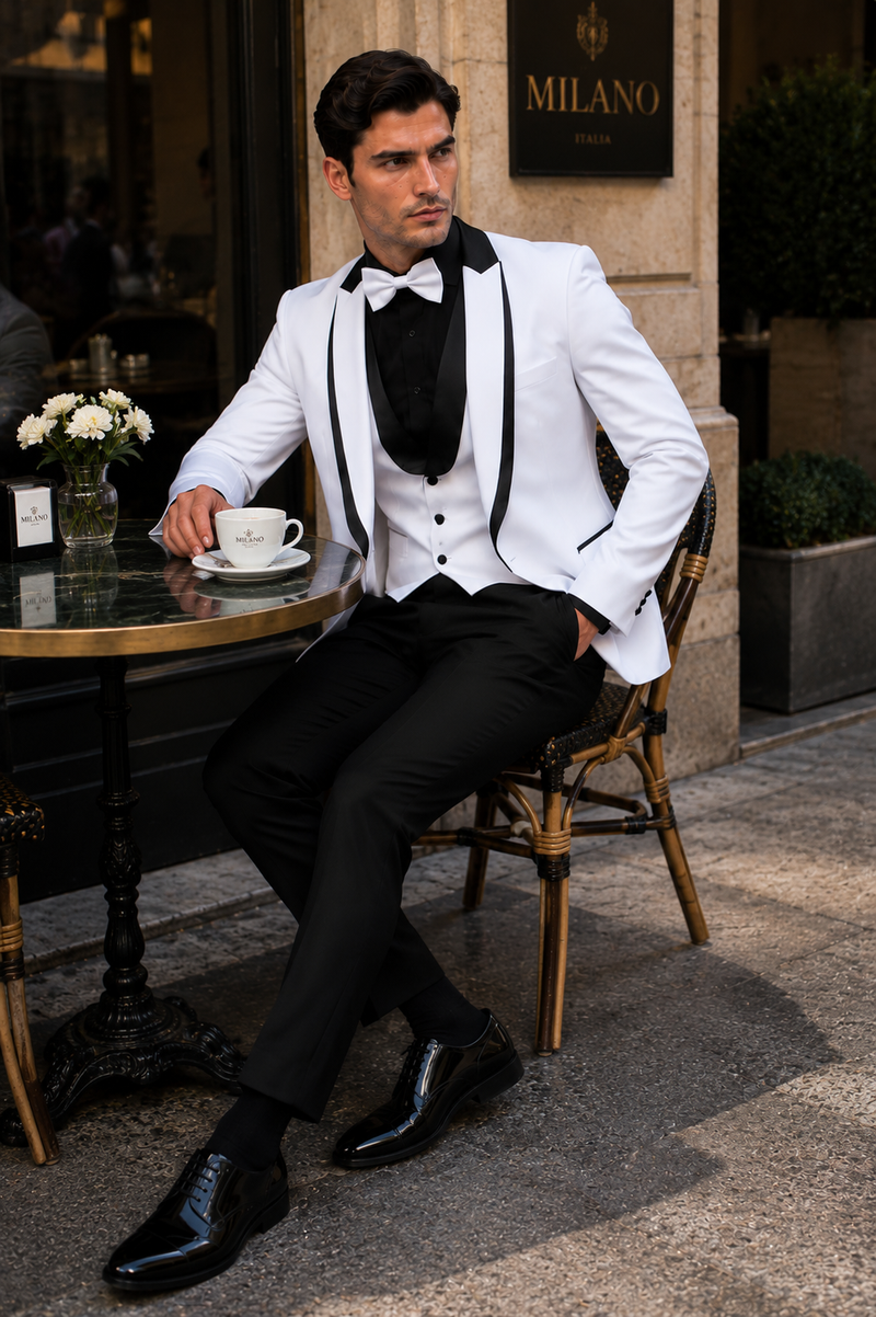 White Slim Fit Tuxedo 3 Piece with Satin Shawl Collar Vest