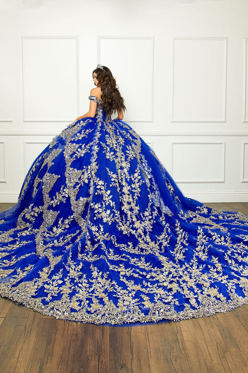 Applique Off Shoulder Quinceanera Dress Corset Ball Gown with Train by Bella Princess PQ1055