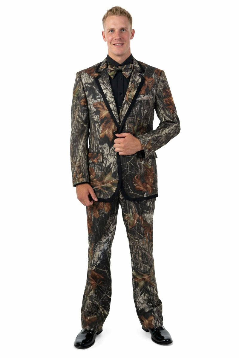Army Green Tuxedo - Camouflage Patterned - Two Toned Vested Olive Camo Single Breasted 2 Button One Chest Pocket Tuxedo