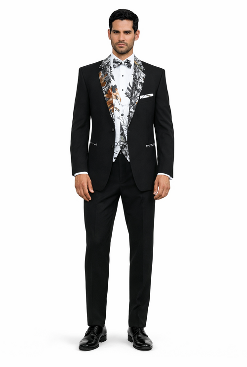 Army Green Tuxedo - Camouflage Patterned - Two Toned Vested Olive Camo Black Modern Fit Tuxedo