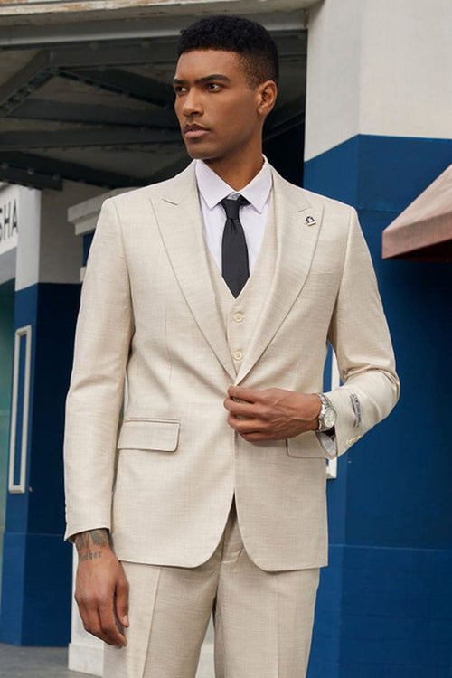 "Mens Stacy Adams Suit - Stacy Adams Suit Men's Summer Suit - Vested Peak Lapel in Light Tan"