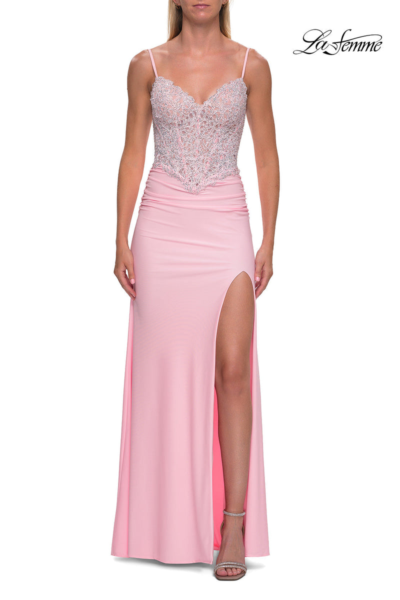 La Femme 33439 Rhinestone Lace V-Neckline Prom Dress