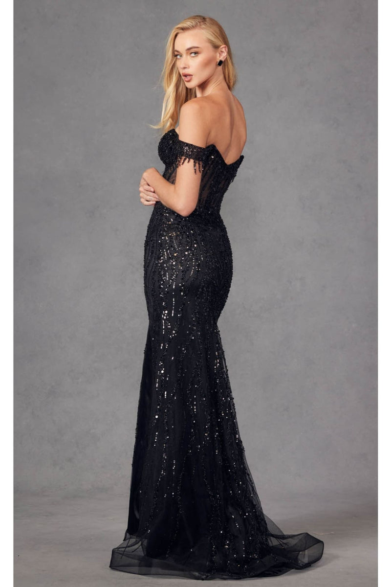 Beaded Fringe Sleeve Prom Gown by Juliet JT2471L