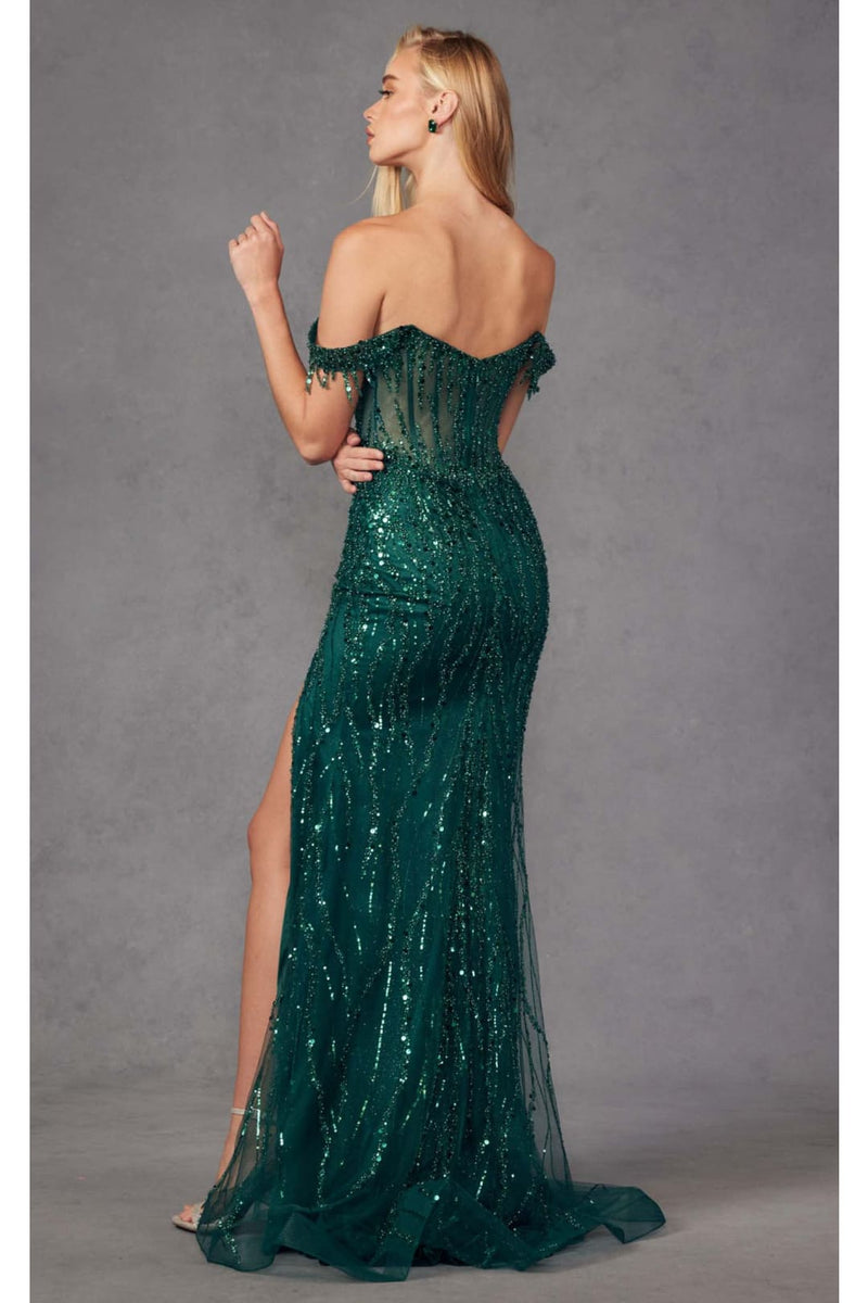 Beaded Fringe Sleeve Prom Gown by Juliet JT2471L