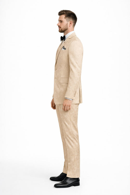 Men's Slim Fit Shiny Paisley Prom & Wedding Beige Suit
