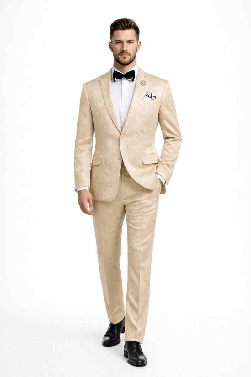 Beige Men's Slim Fit Paisley Wedding & Prom 2026 Suit - Shiny Finish