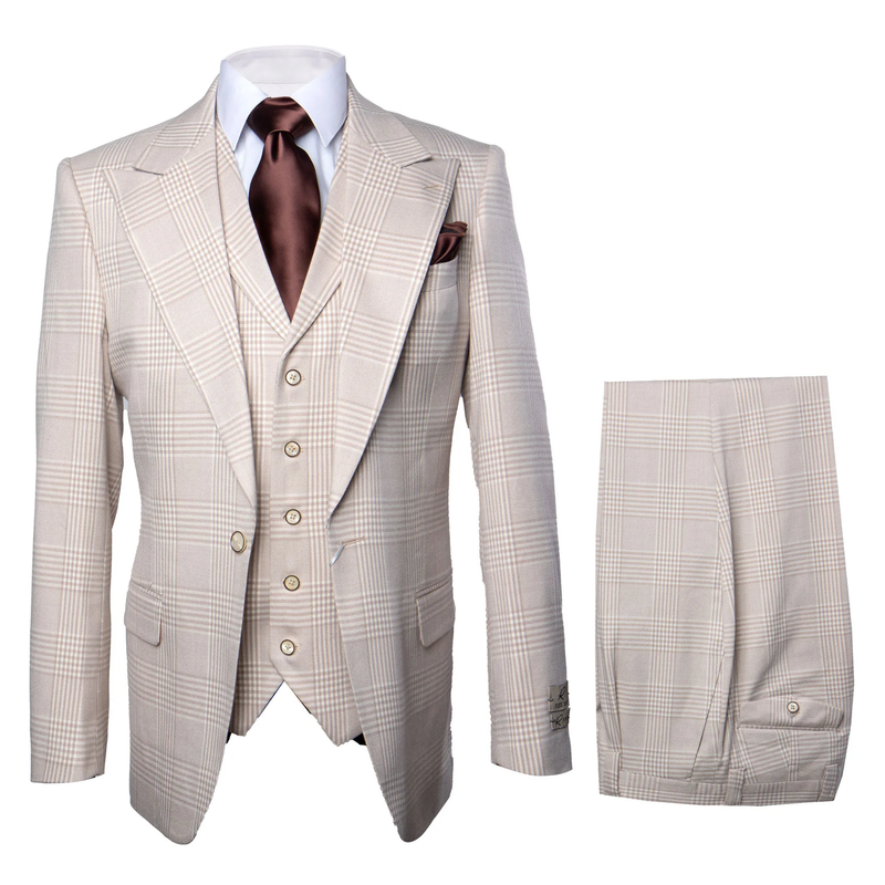 Light beige three-piece suit: subtle plaid, notched lapels, pocket square, five-button waistcoat. Baggy, pleated, wide-legged pants. Classic fit, structured design.