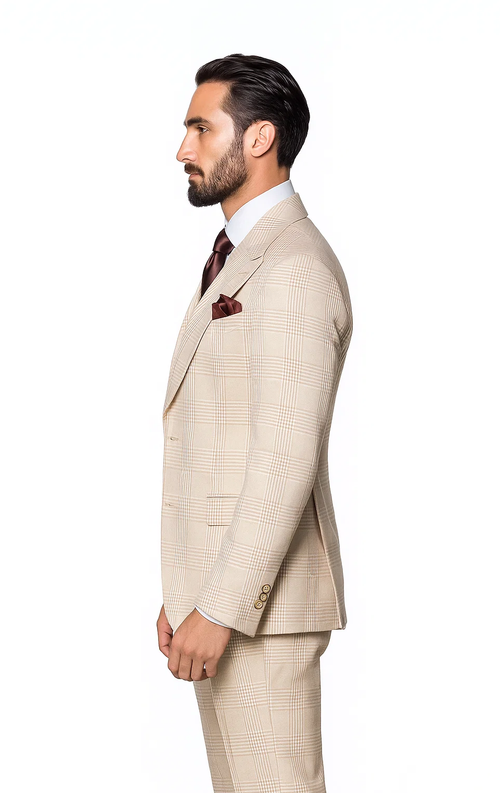 Light beige, classic fit suit with subtle plaid. Crafted from 100% wool. Features a double-breasted jacket. Elegant and timeless design.