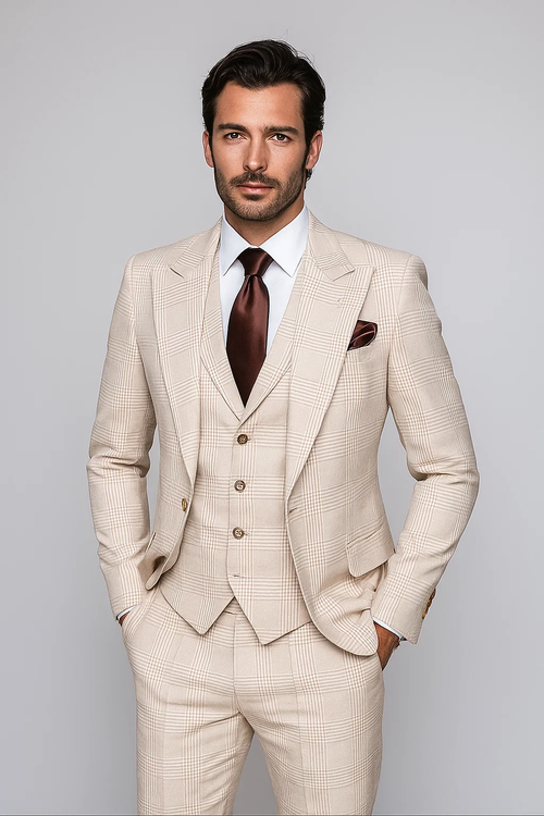 Beige wool suit with plaid pattern. Includes fitted jacket (peaked lapels, pockets) and a three-piece vest (V-neck, buttons). Tailored pants.
