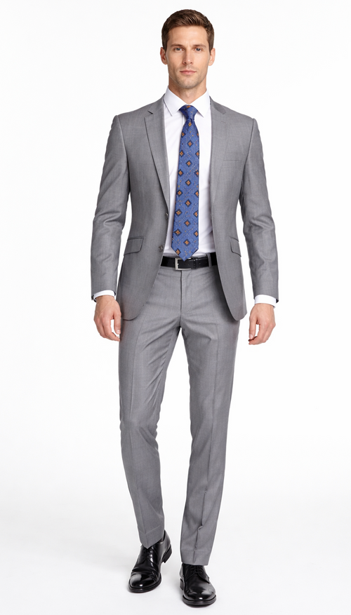 Bertolini 2pc light gray suit. Two-button blazer with structured lapel. Matching trousers. Wool-silk blend: smooth texture, subtle sheen. Fitted design.