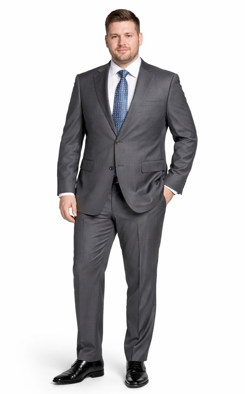 Bertolini 2pc gray suit: wool-silk blend. Two-button jacket, straight-leg trousers. Solid gray, structured lapels, side pockets. Classic and refined.