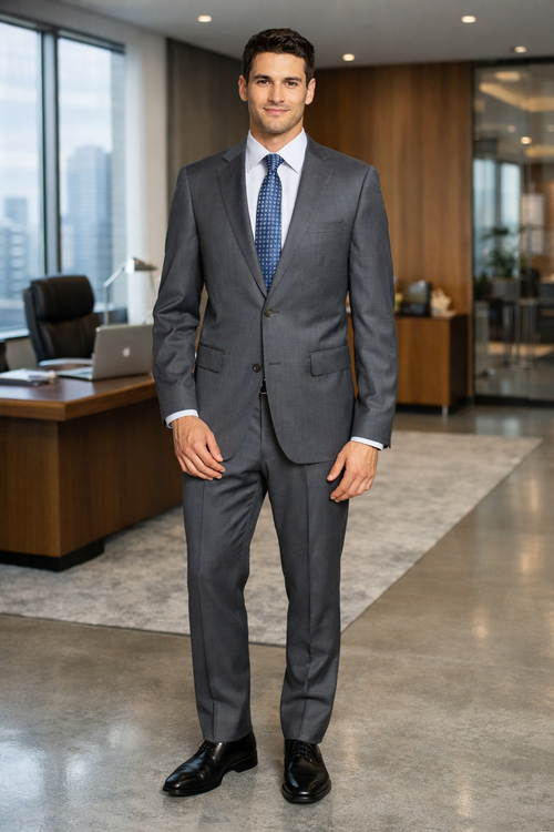 Bertolini gray suit: Wool-silk blend, tailored fit, two-button jacket, straight-leg pants. Refined, subtle texture. A classic, elegant look.