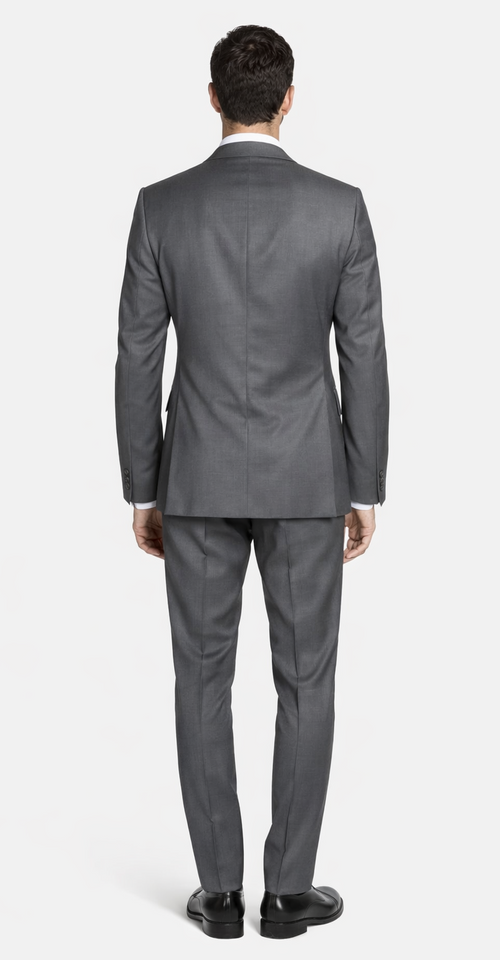 Bertolini gray two-button suit in wool-silk blend. Tailored fit with structured jacket (side vents) and straight-cut trousers. Solid gray with a subtle sheen.