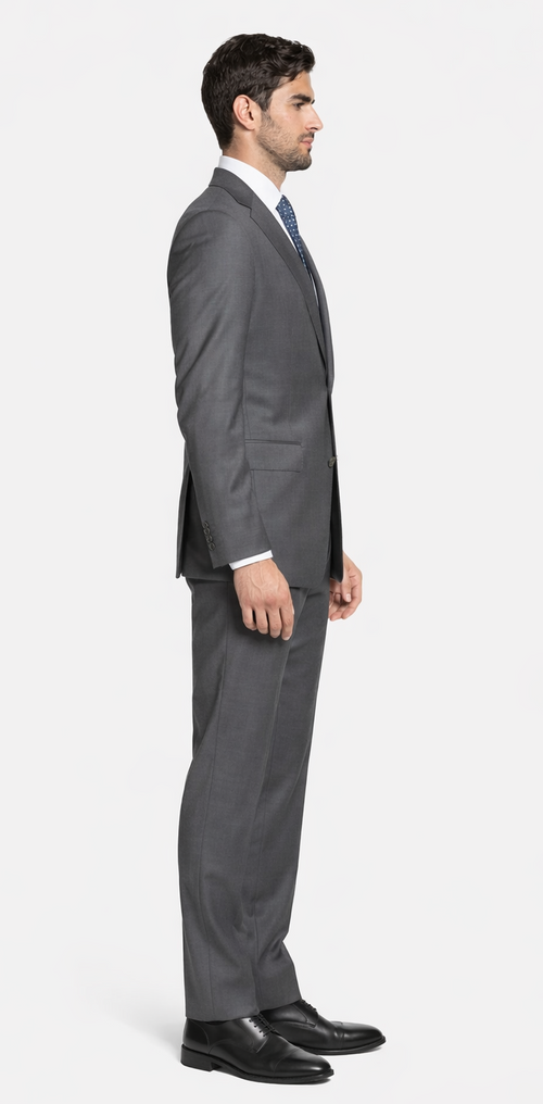 Bertolini 2pc gray suit in wool-silk blend. Tailored fit with two-button jacket and straight-leg pants. Solid gray color, single chest pocket.