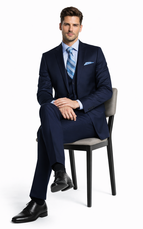 Bertolini 3 Piece Wool/Silk Solid Navy Suit