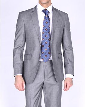 Bertolini 2pc light gray suit: tailored fit, notch lapel, two-button, wool-silk blend. Light gray with subtle sheen. Matching streamlined trousers.